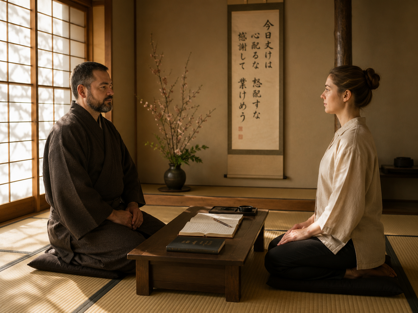 Two practitioners seated in a Japanese room for study, with the Gokai scroll and an open text between them.