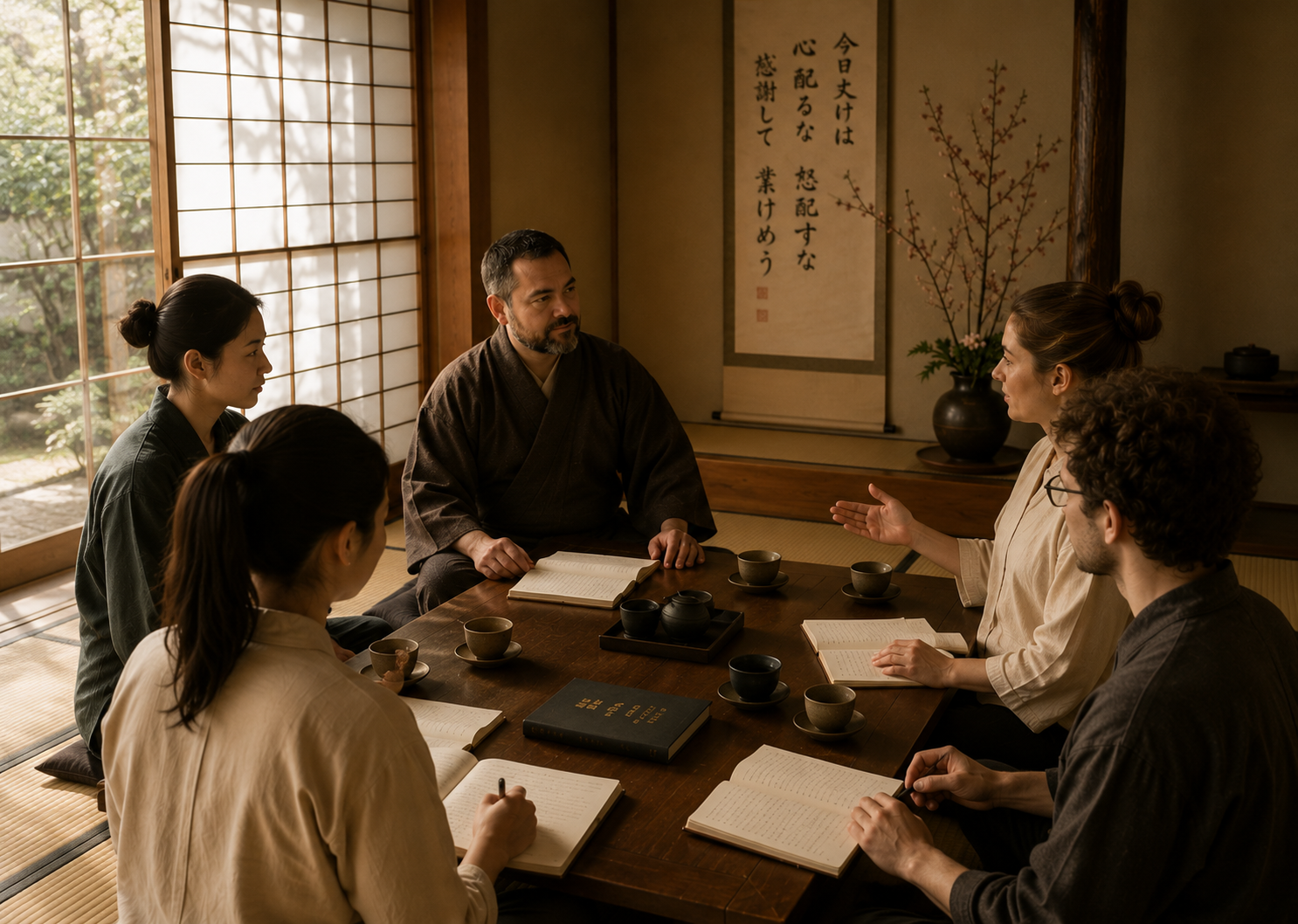 A quiet gathering of students and teacher around a low table in a traditional Japanese room, studying the teachings together.